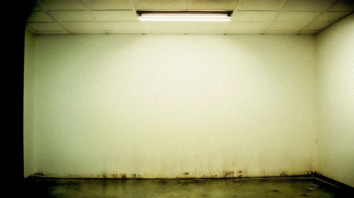 Empty basement room under a fluorescent light with dark moisture staining creeping up the lower walls